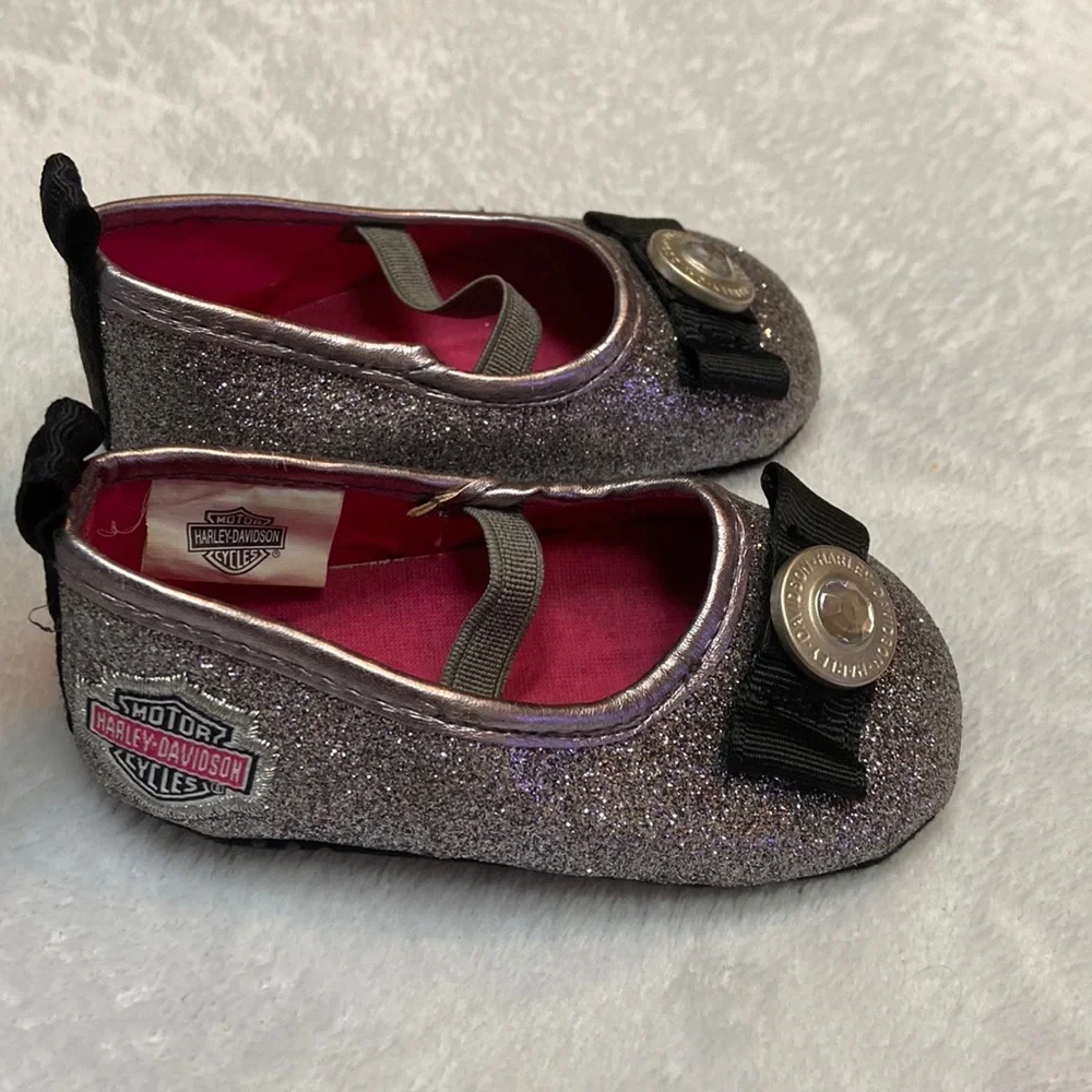 Harley-Davidson Silver Glitter Girls' Mary Jane Shoes with Pink Lining